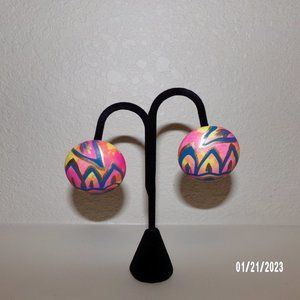 Hand painted round style/ blue back vintage earrings.